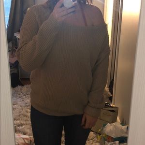 Off the shoulder tan sweater